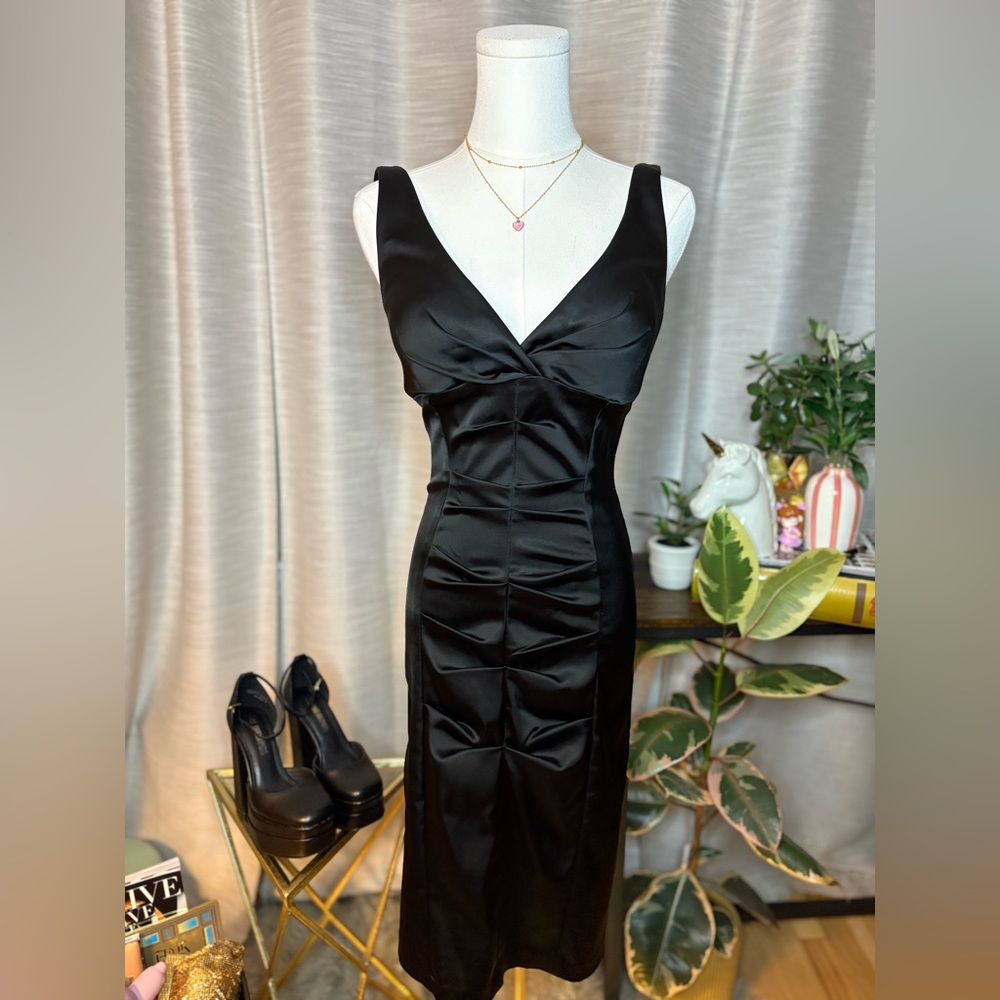 Vintage Y2K Cache Black Satin Midi Dress
